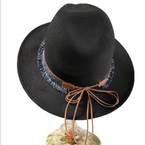NEW Country styled cowgirl chic felt brim hat navy/ silver fringed shoelace